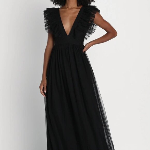 Lulus Simply Delighted Black Mesh Ruffled Backless Maxi Dress - Picture 1 of 5